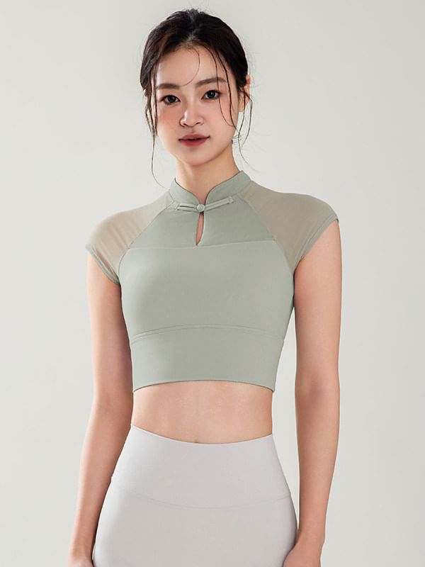 Sleeveless Mandarin Collar Plain Padded Panel Lace Crop Yoga Top