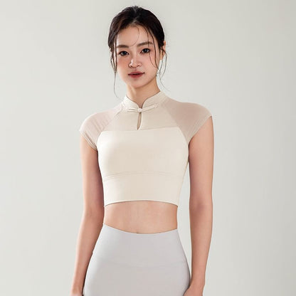 Sleeveless Mandarin Collar Plain Padded Panel Lace Crop Yoga Top