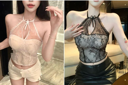Halter Neck Cutout Padded Open Back Lace Crop Top