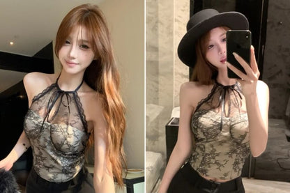 Halter Neck Cutout Padded Open Back Lace Crop Top