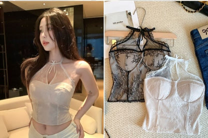 Halter Neck Cutout Padded Open Back Lace Crop Top