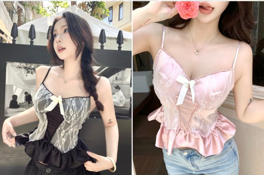 V-Neck Lace Panel Padded Ruffle Hem Crop Camisole Top