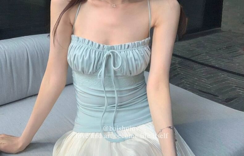 Lace Panel Frill Trim Ruched Crop Camisole Top