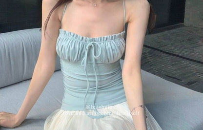Lace Panel Frill Trim Ruched Crop Camisole Top