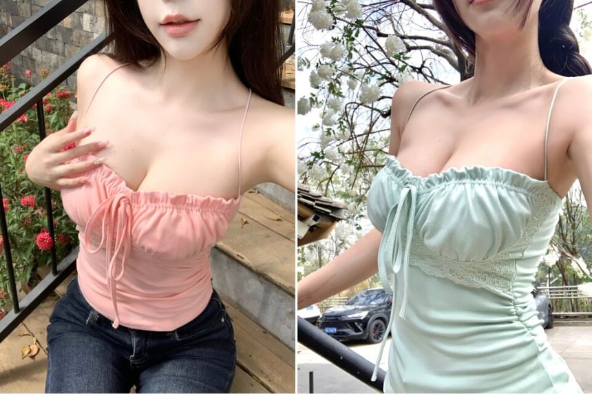 Lace Panel Frill Trim Ruched Crop Camisole Top