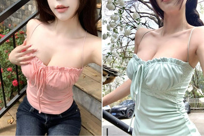 Lace Panel Frill Trim Ruched Crop Camisole Top