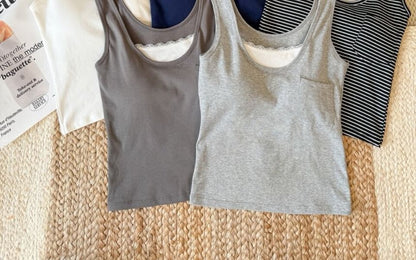 Mock Two-Piece Scoop Neck Lace Trim Padded Crop Tank Top