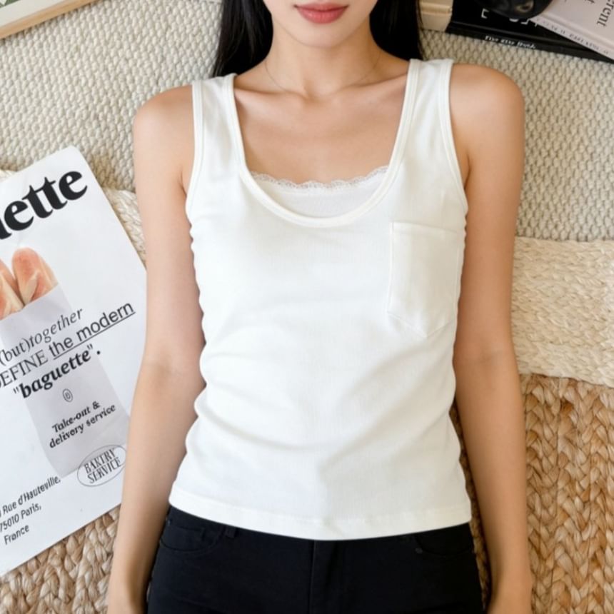 Mock Two-Piece Scoop Neck Lace Trim Padded Crop Tank Top