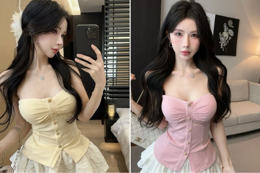 Lace Panel Ruched Button-Up Slit Crop Tube Top