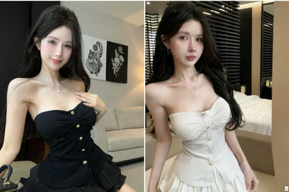 Lace Panel Ruched Button-Up Slit Crop Tube Top