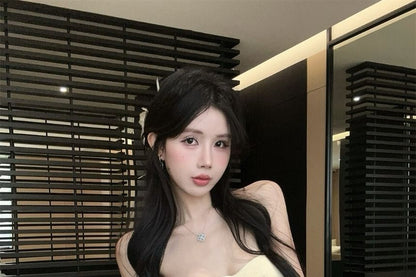 Lace Panel Ruched Button-Up Slit Crop Tube Top