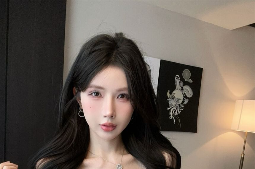 Lace Panel Ruched Button-Up Slit Crop Tube Top