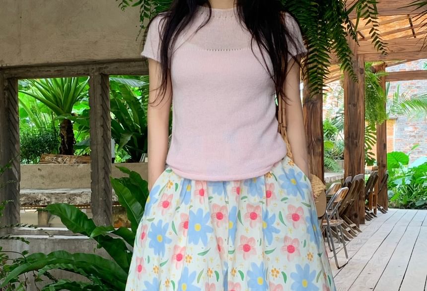 Mid Rise Floral A-Line Skirt