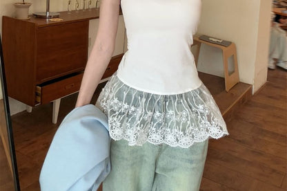 Scoop Neck Plain Lace Trim Camisole Top