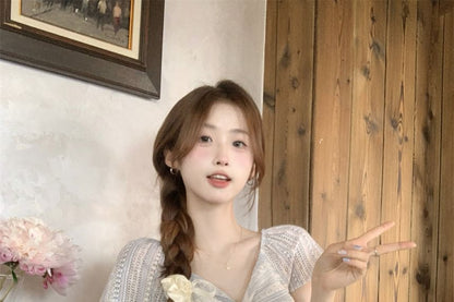 Short-Sleeve V-Neck Striped Lace Trim Knot Blouse