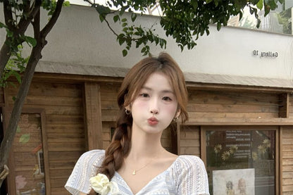 Short-Sleeve V-Neck Striped Lace Trim Knot Blouse