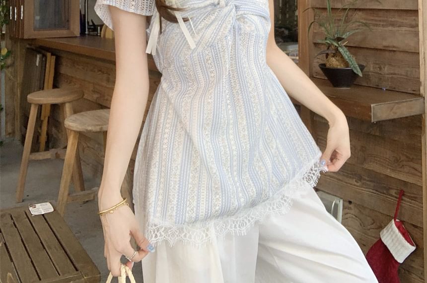 Short-Sleeve V-Neck Striped Lace Trim Knot Blouse