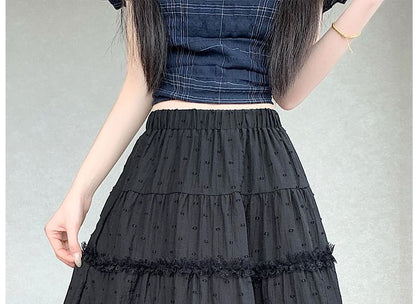 Elastic Waist Dotted Lace Trim A-Line Skirt