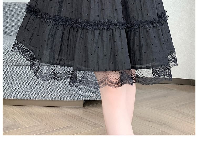 Elastic Waist Dotted Lace Trim A-Line Skirt