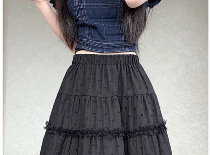 Elastic Waist Dotted Lace Trim A-Line Skirt