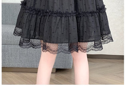 Elastic Waist Dotted Lace Trim A-Line Skirt