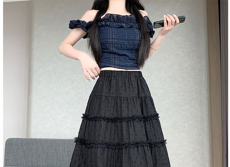 Elastic Waist Dotted Lace Trim A-Line Skirt