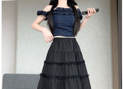 Elastic Waist Dotted Lace Trim A-Line Skirt