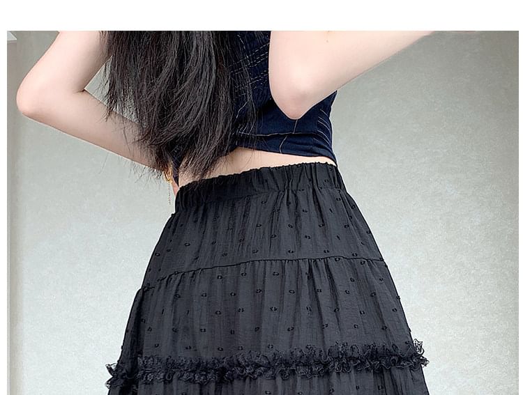 Elastic Waist Dotted Lace Trim A-Line Skirt