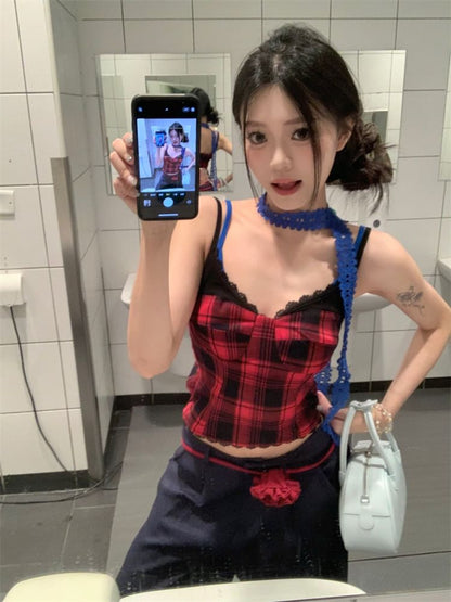 V-Neck Plaid Lace Trim Cropped Camisole Top
