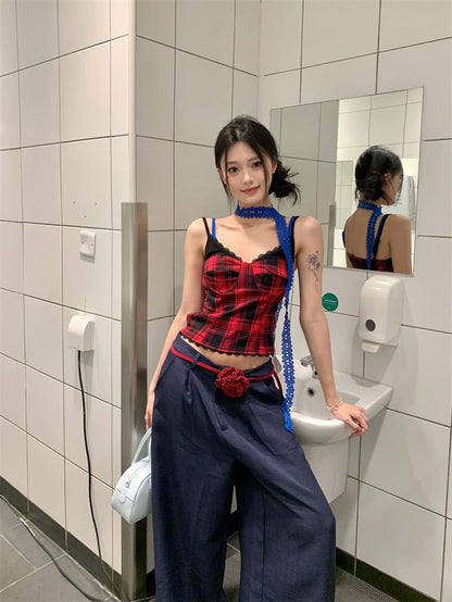 V-Neck Plaid Lace Trim Cropped Camisole Top