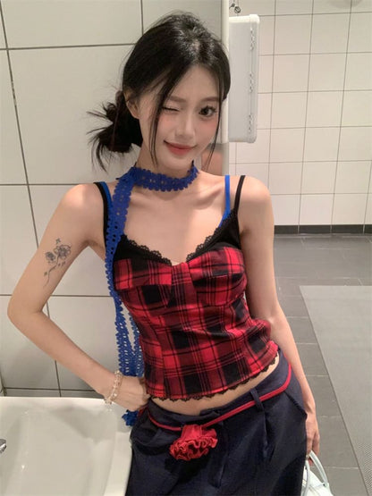V-Neck Plaid Lace Trim Cropped Camisole Top