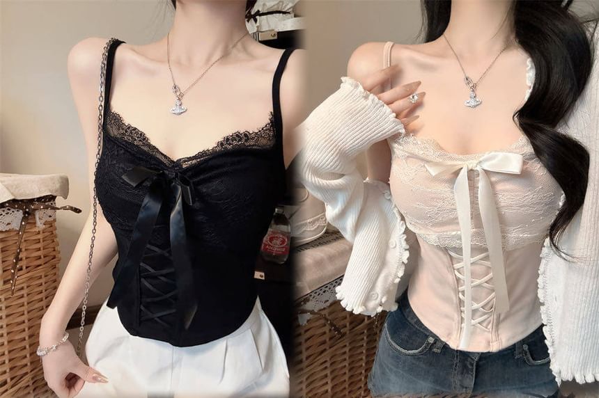 V-Neck Lace Panel Padded Crop Camisole Top