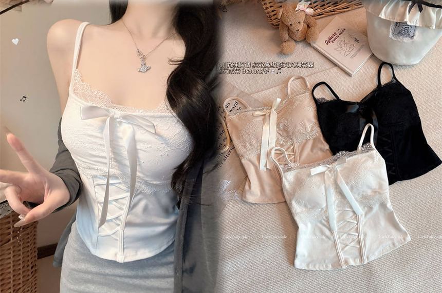 V-Neck Lace Panel Padded Crop Camisole Top
