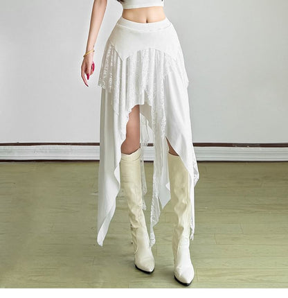 Mid Rise Asymmetrical Lace Panel A-Line Skirt