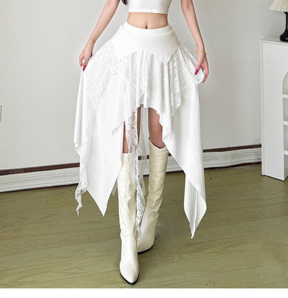 Mid Rise Asymmetrical Lace Panel A-Line Skirt