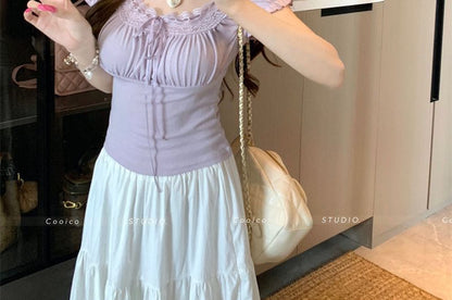 Short-Sleeve Scoop Neck Plain Lace Trim Ruched T-Shirt