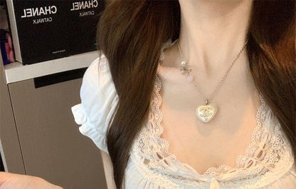 Short-Sleeve Scoop Neck Plain Lace Trim Ruched T-Shirt
