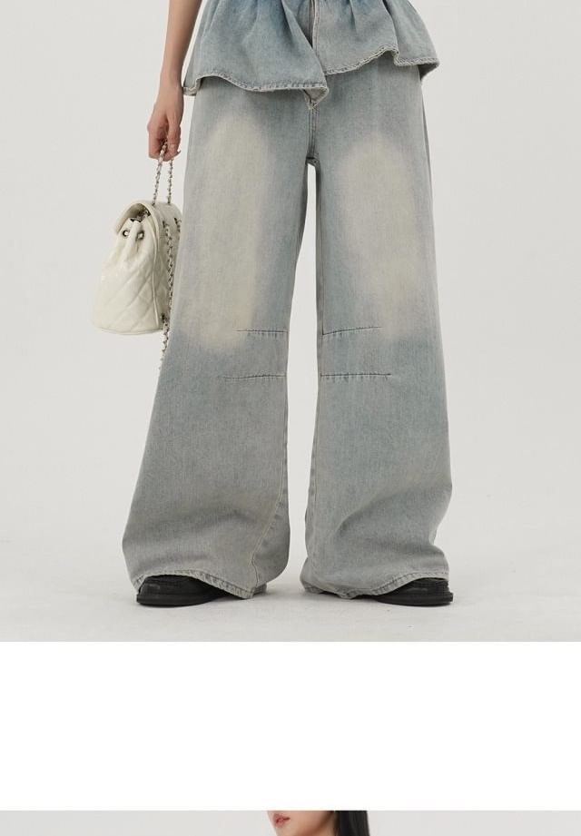 Mid Rise Washed Skirt Overlay Baggy Jeans