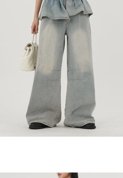 Mid Rise Washed Skirt Overlay Baggy Jeans