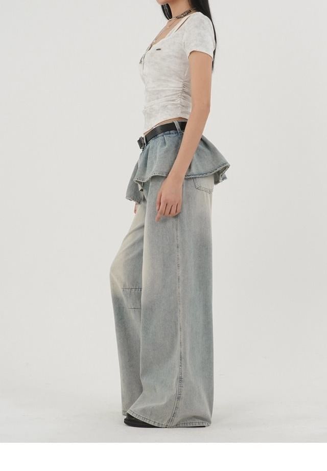 Mid Rise Washed Skirt Overlay Baggy Jeans
