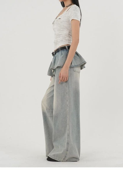 Mid Rise Washed Skirt Overlay Baggy Jeans