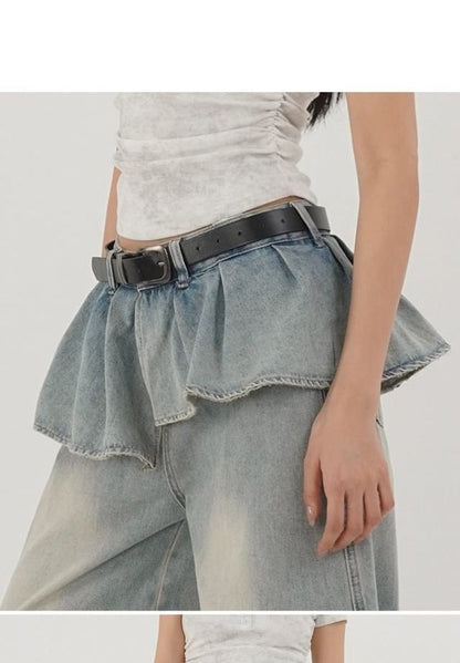 Mid Rise Washed Skirt Overlay Baggy Jeans