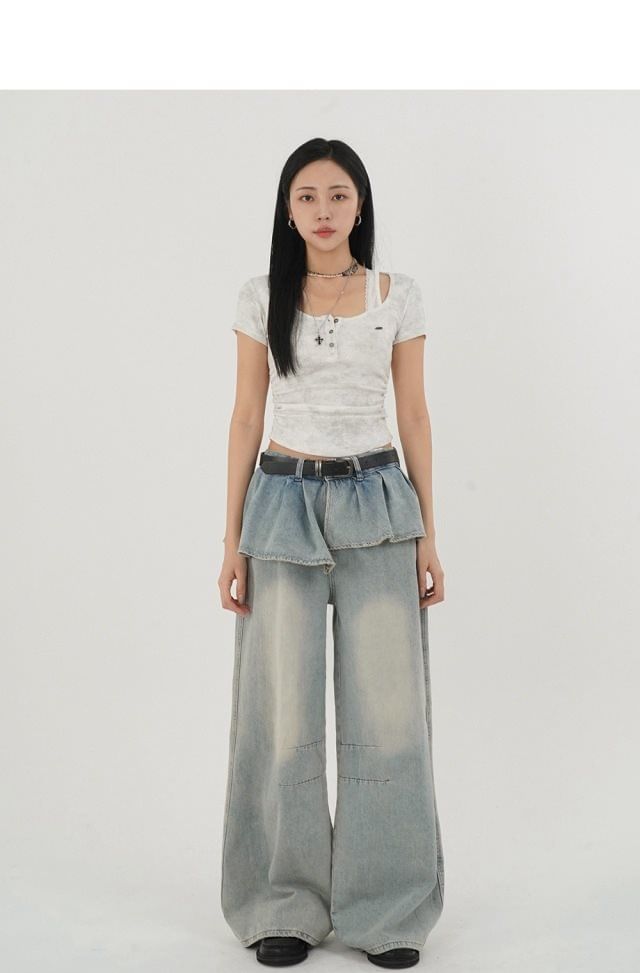 Mid Rise Washed Skirt Overlay Baggy Jeans