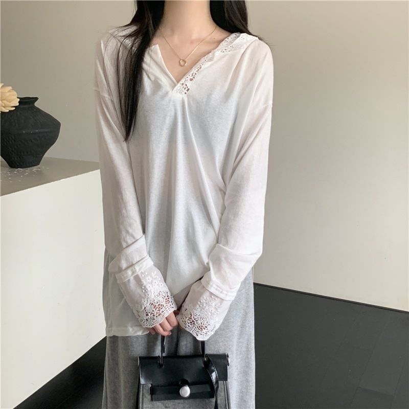 Long-Sleeve Hooded Plain Lace Trim T-Shirt