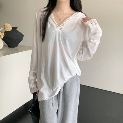 Long-Sleeve Hooded Plain Lace Trim T-Shirt