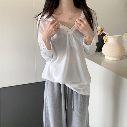 Long-Sleeve Hooded Plain Lace Trim T-Shirt