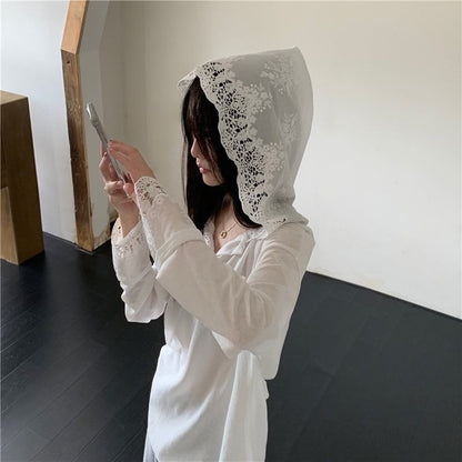 Long-Sleeve Hooded Plain Lace Trim T-Shirt