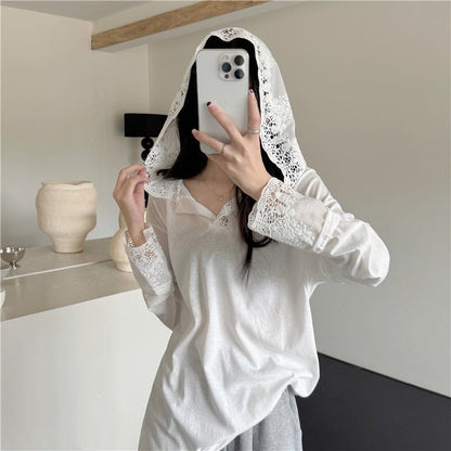 Long-Sleeve Hooded Plain Lace Trim T-Shirt