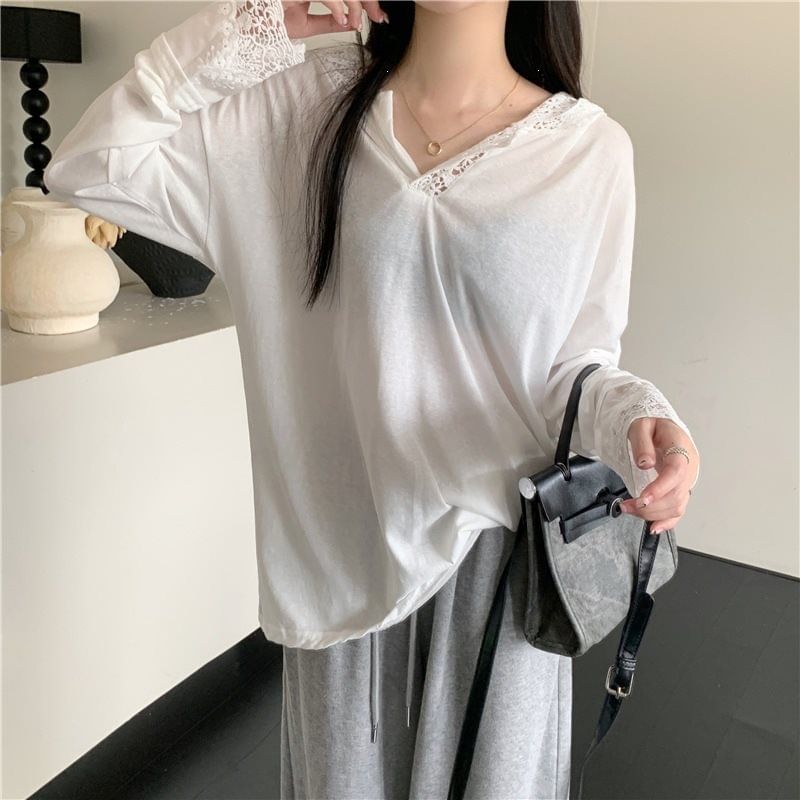 Long-Sleeve Hooded Plain Lace Trim T-Shirt