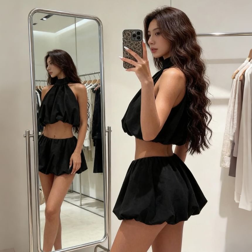 Set: Plain Ruched Cropped Halter Top + Low Rise Mini A-Line Skirt
